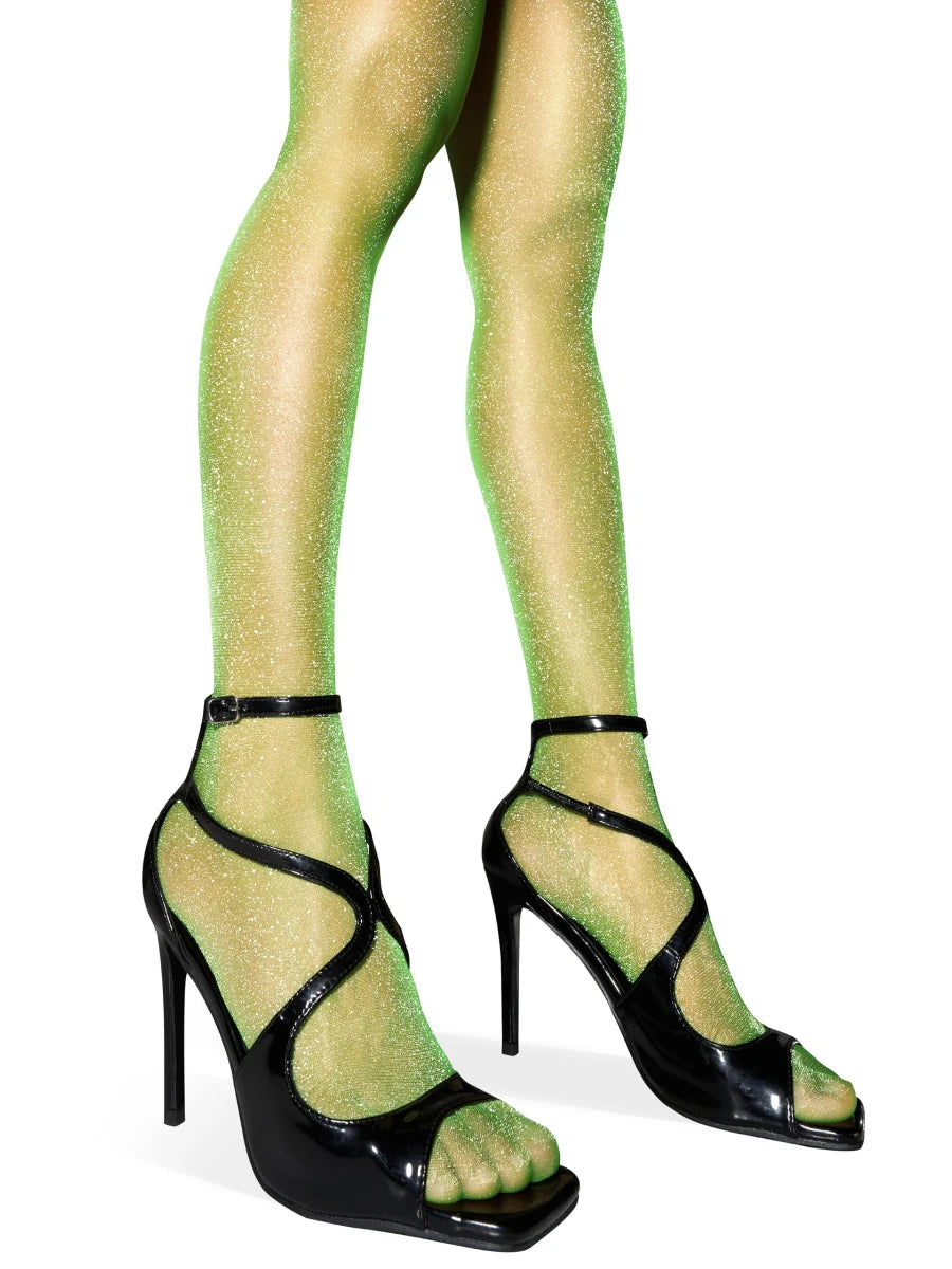 Pair of shiny, transparent nude-colored Kave tights from Corporación Turística, showcasing their sleek, silky appearance.