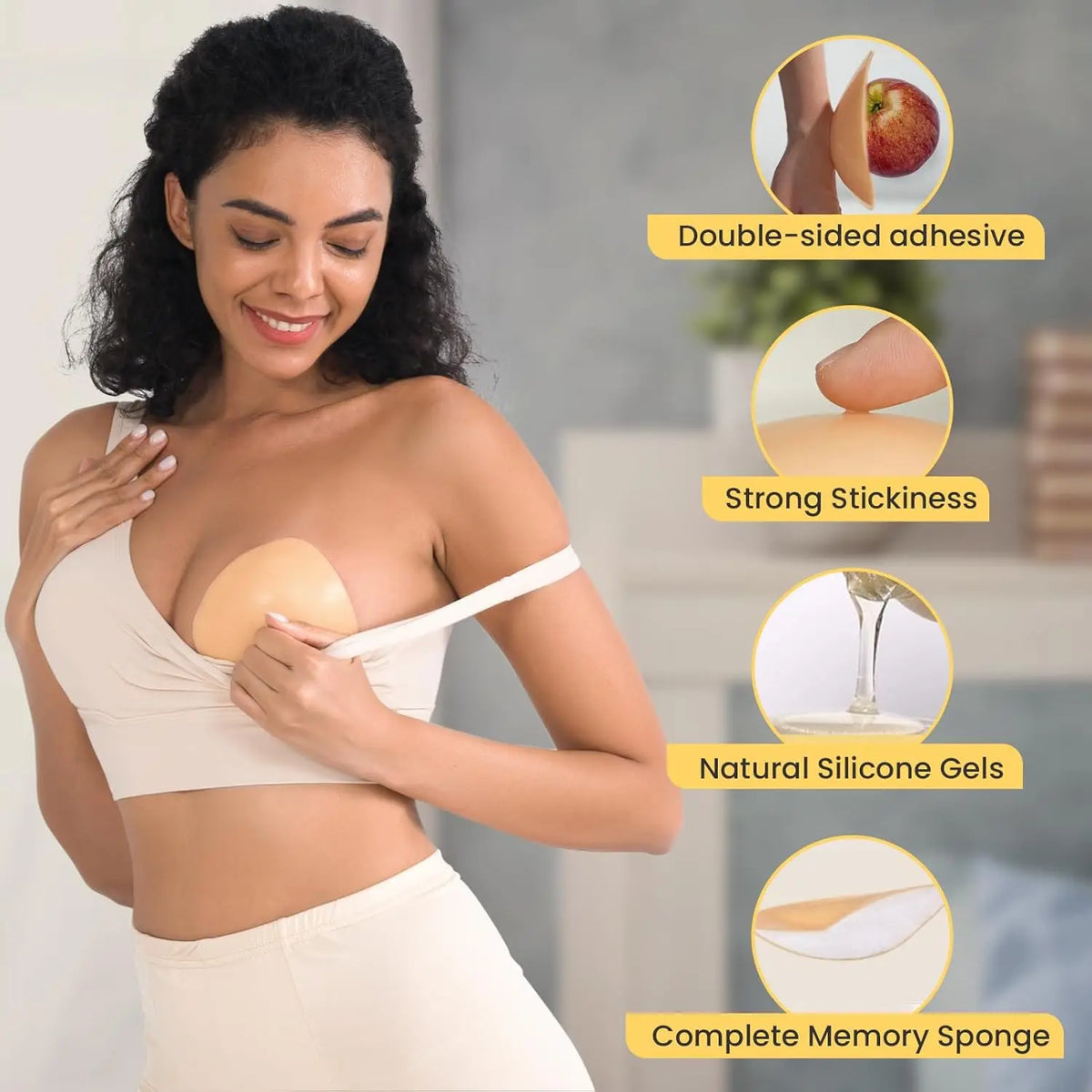 Adhesive push-pull bra lift pad from Corporación Turística showing the soft, reusable fabric pad for enhancing bust shape.