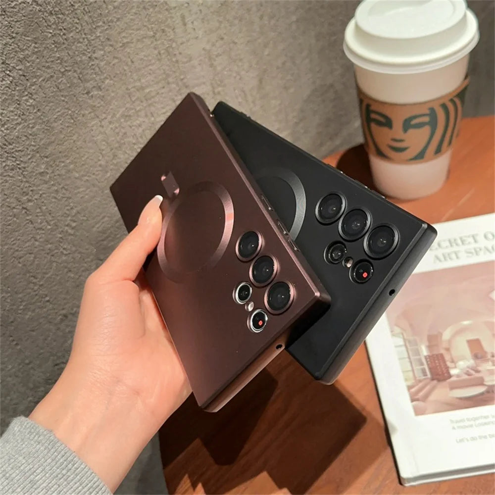 Silicone MagSafe phone case in metallic color with brand logo from Corporación Turística, shown on a smartphone.