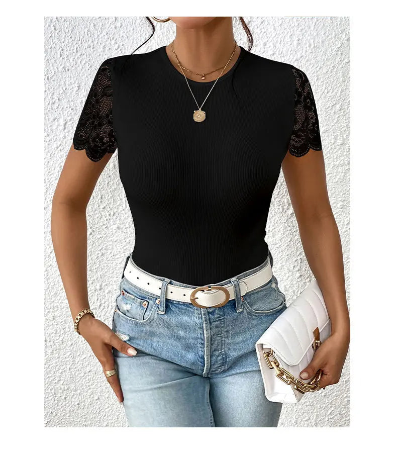 Body de encaje sexy de manga corta para mujer, negro y bl...