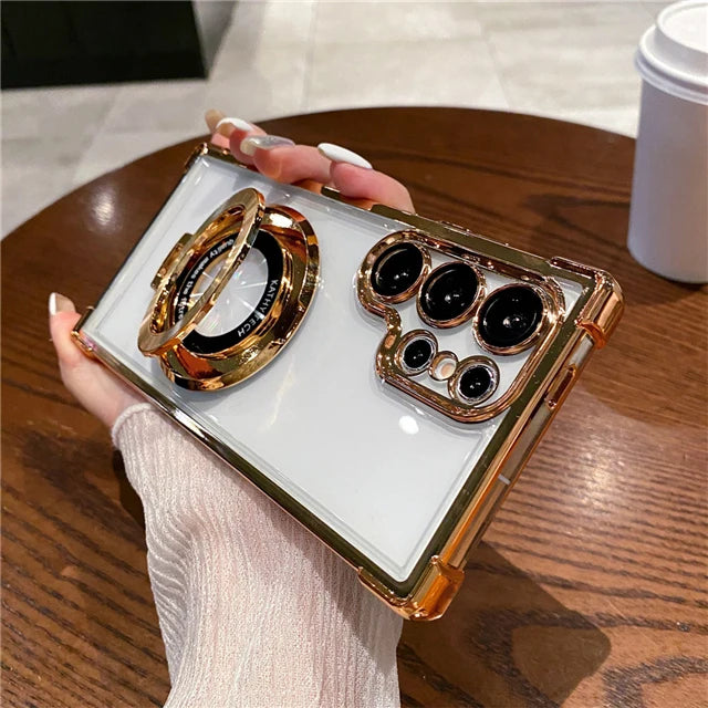 Transparent luxury Samsung Galaxy S25 Ultra case with a sleek frame, designed to protect and showcase the phone's design.