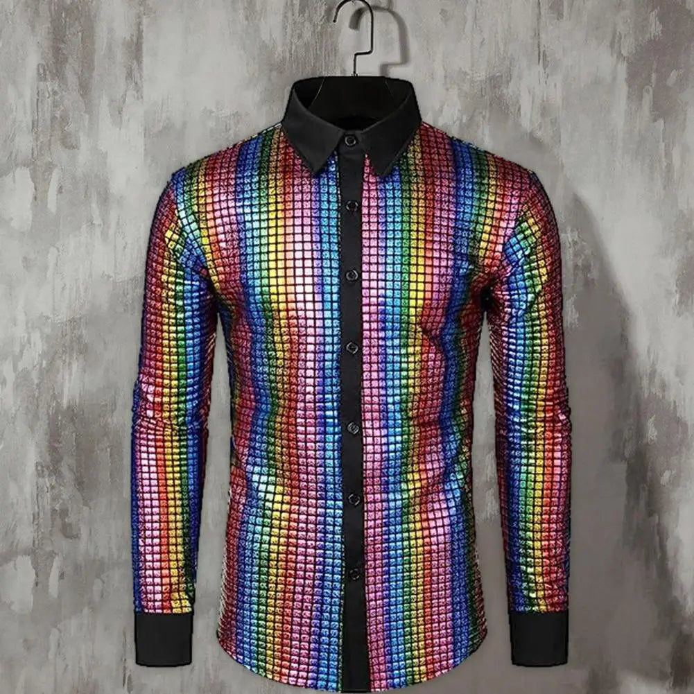 Men's disco shirt with a raised collar by Corporación Turística, stylish and vibrant for nightlife and dance events.