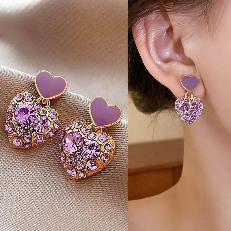 Pendientes de gota de corazón de cristal púrpura para muj...