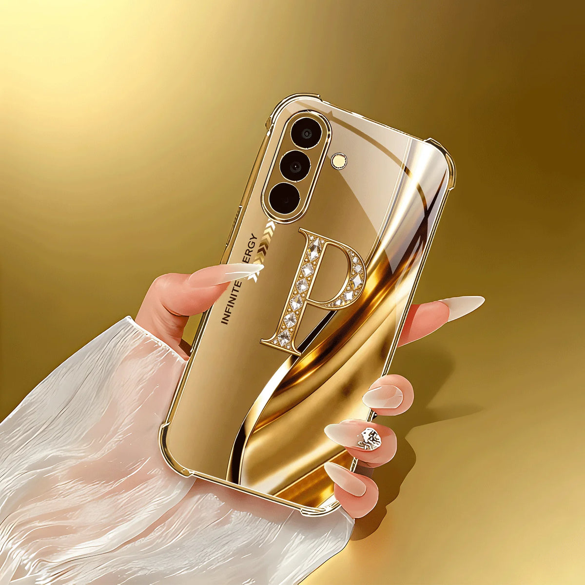 Gold letter "P" phone case with crystal corner accents for Samsung Galaxy S22/S23/S24/S25/S26 Plus Ultra FE, offers lens protection.