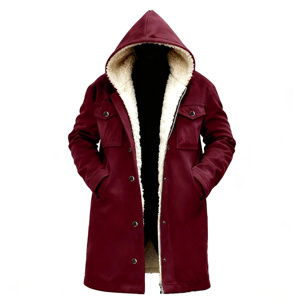 Chaqueta Suede Fleece Hombre con Capucha Media Larga Cremallera