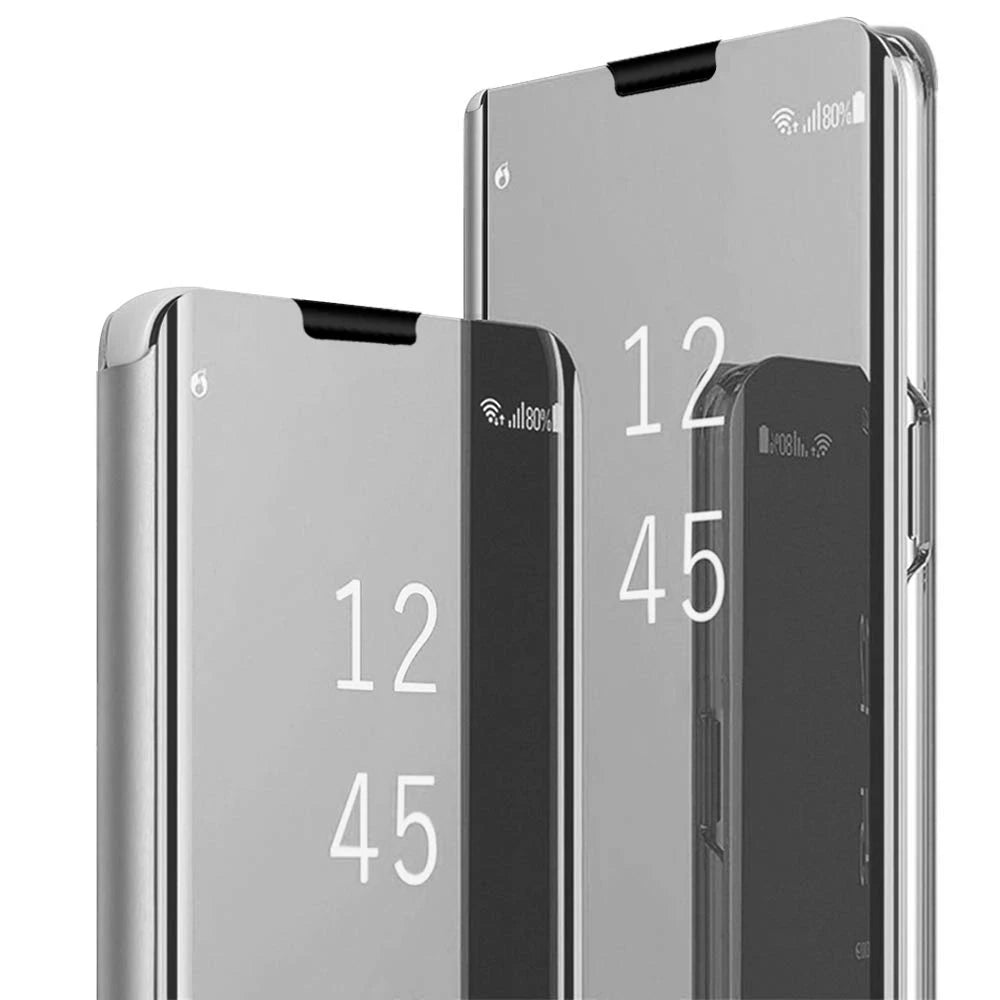 Luxury smart protective case with mirror for Samsung smartphones, featuring sleek design and durable materials.