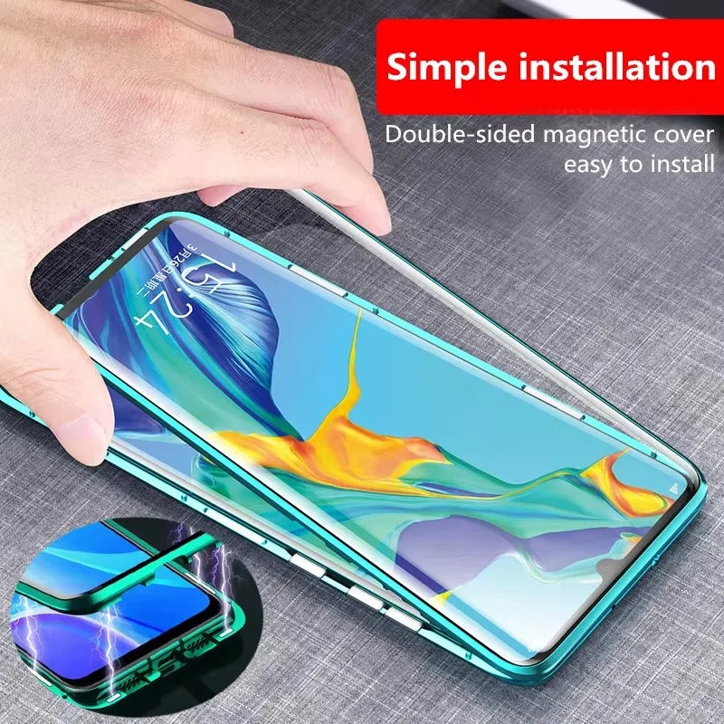 360° magnetic metal protective case for smartphones by Corporación Turística, featuring full coverage and secure magnetic closure.