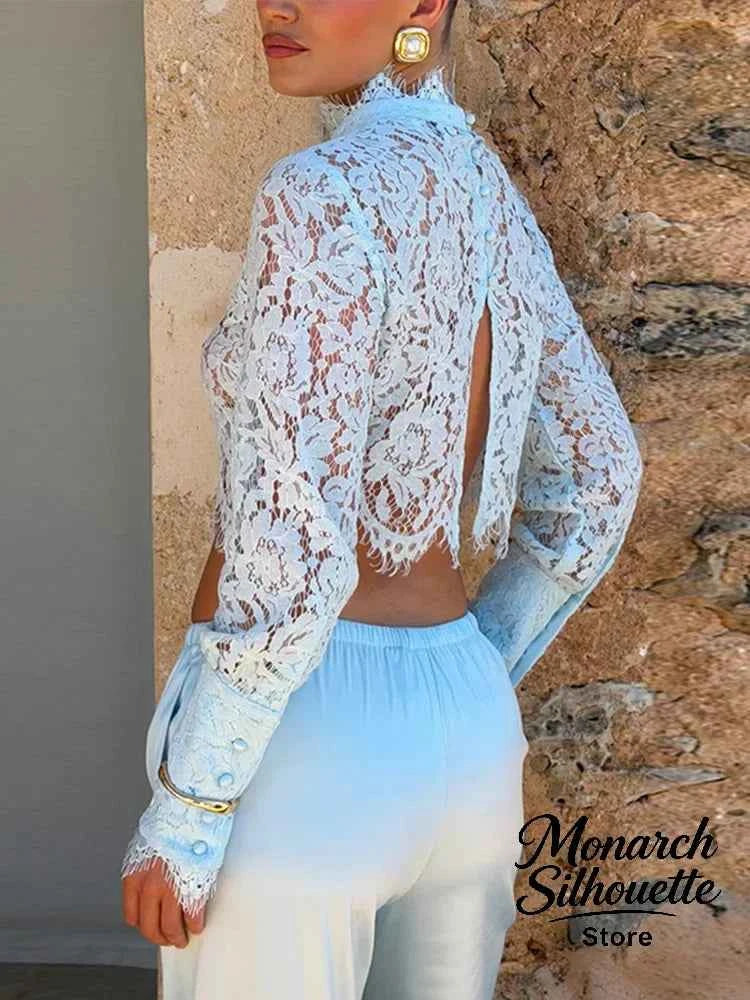 Conjunto Mujer Encaje Azul: Top Medio Alto y Pantalón Pierna Ancha