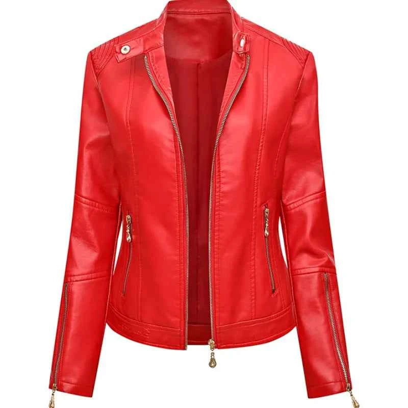 Chaqueta Cuello Mandarín PU Mujer BeckyWalk WF163 Cremalleras Ajustada