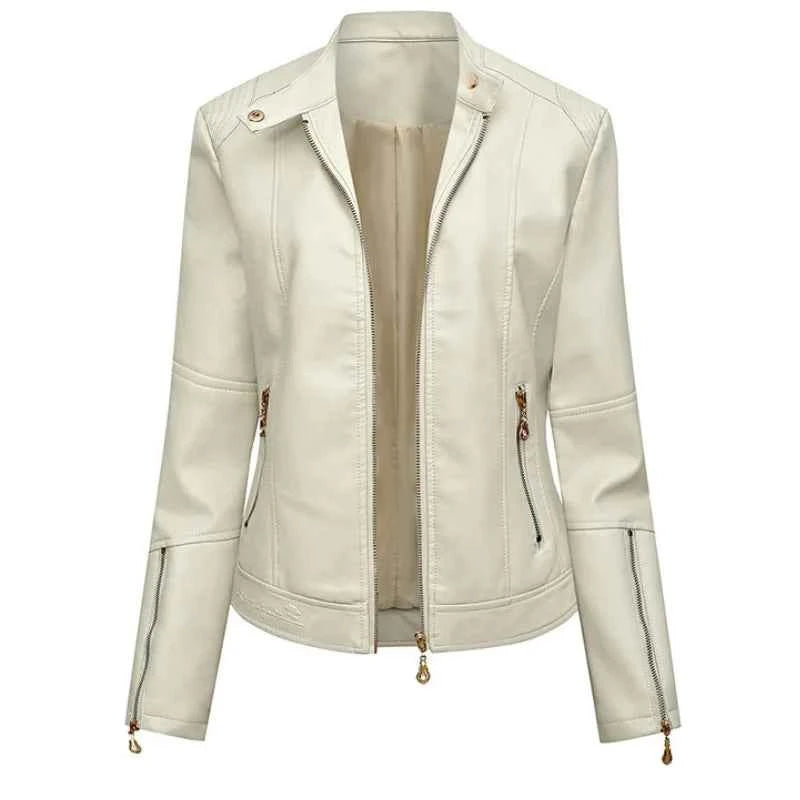 Chaqueta Cuello Mandarín PU Mujer BeckyWalk WF163 Cremalleras Ajustada