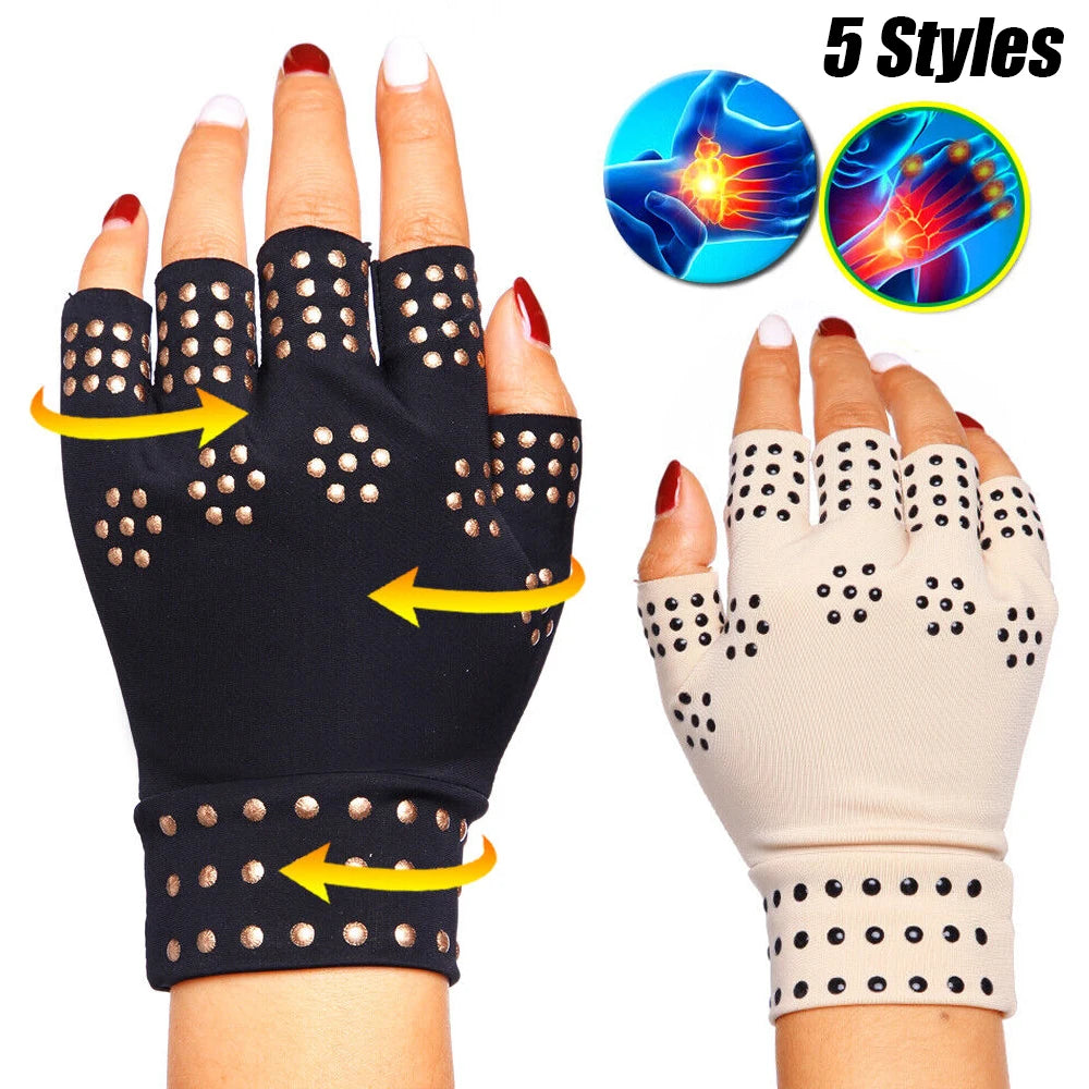 Pair of magnetic therapy gloves for arthritis from Corporación Turística, shown in a close-up image highlighting the gloves' design