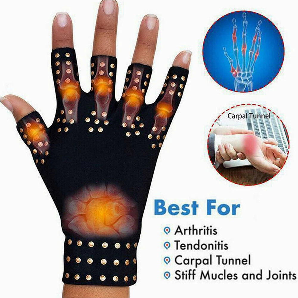 Pair of magnetic therapy gloves for arthritis from Corporación Turística, showing soft fabric and magnetic strips for pain relief.