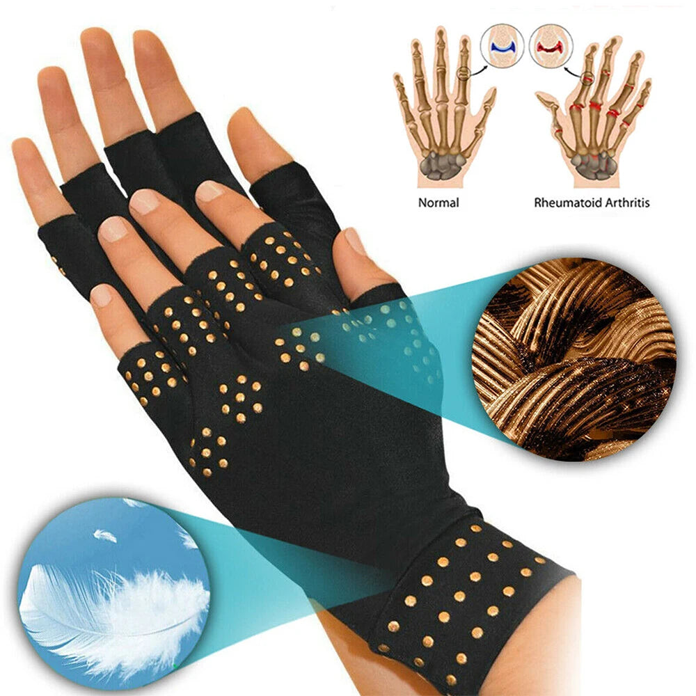 Pair of magnetic therapy gloves for arthritis from Corporación Turística, showing the soft fabric and magnetic patches for pain relief.