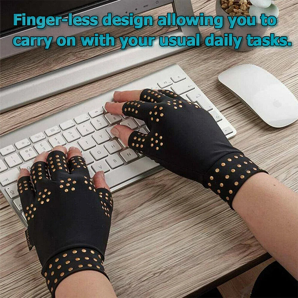 Pair of magnetic therapy gloves for arthritis relief from Corporación Turística, shown in a close-up image.