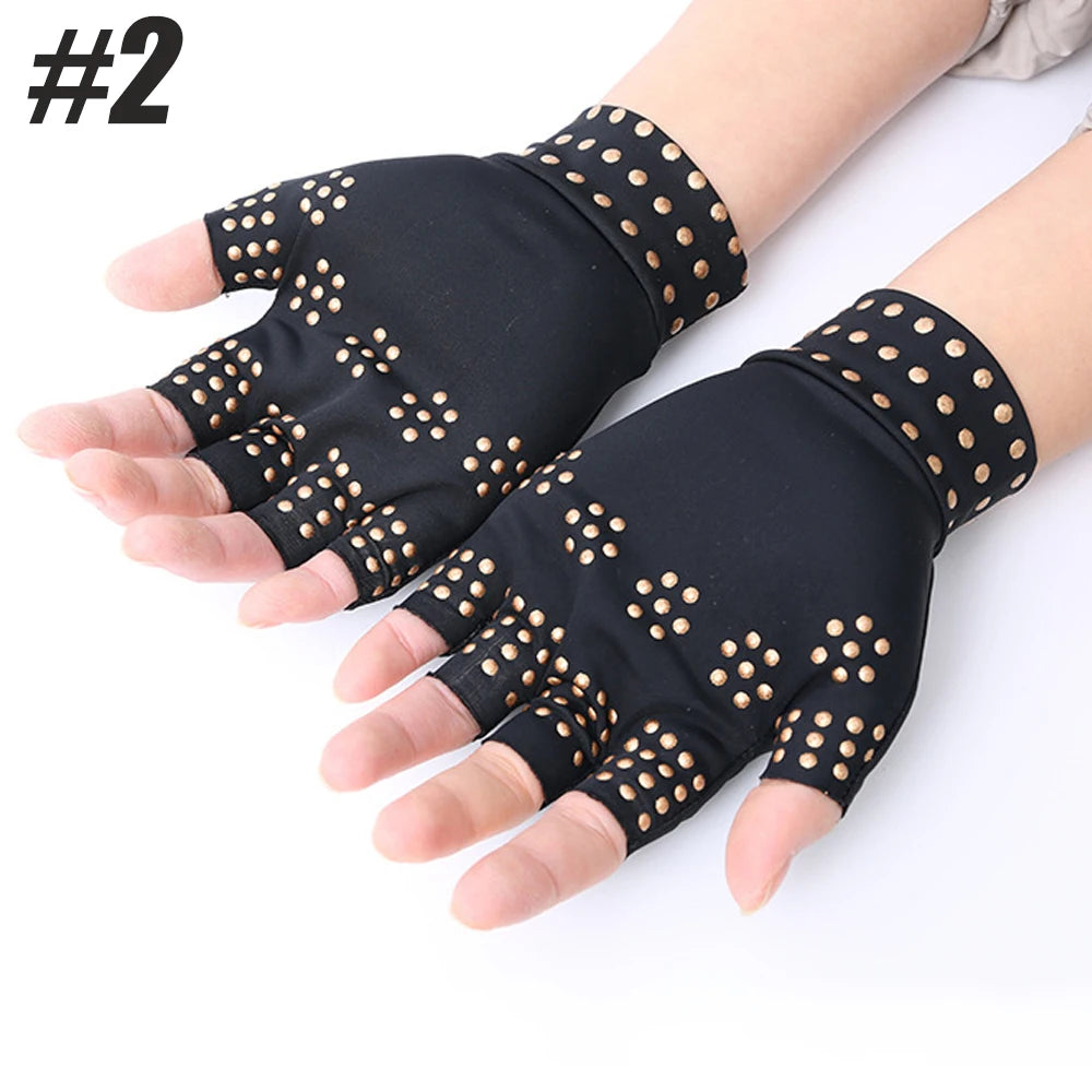 Pair of magnetic therapy gloves for arthritis relief, made by Corporación Turística, showing the soft fabric and magnetic strips.