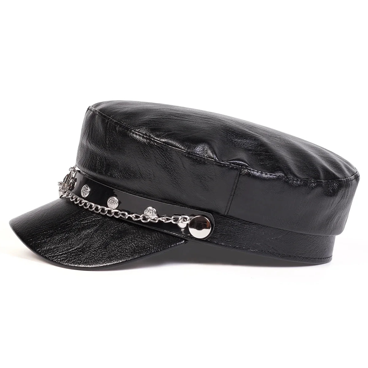 Boina Negra Cuero Unisex Capitán Militar Hebilla Ancla Primavera Otoño - Corporación Turística