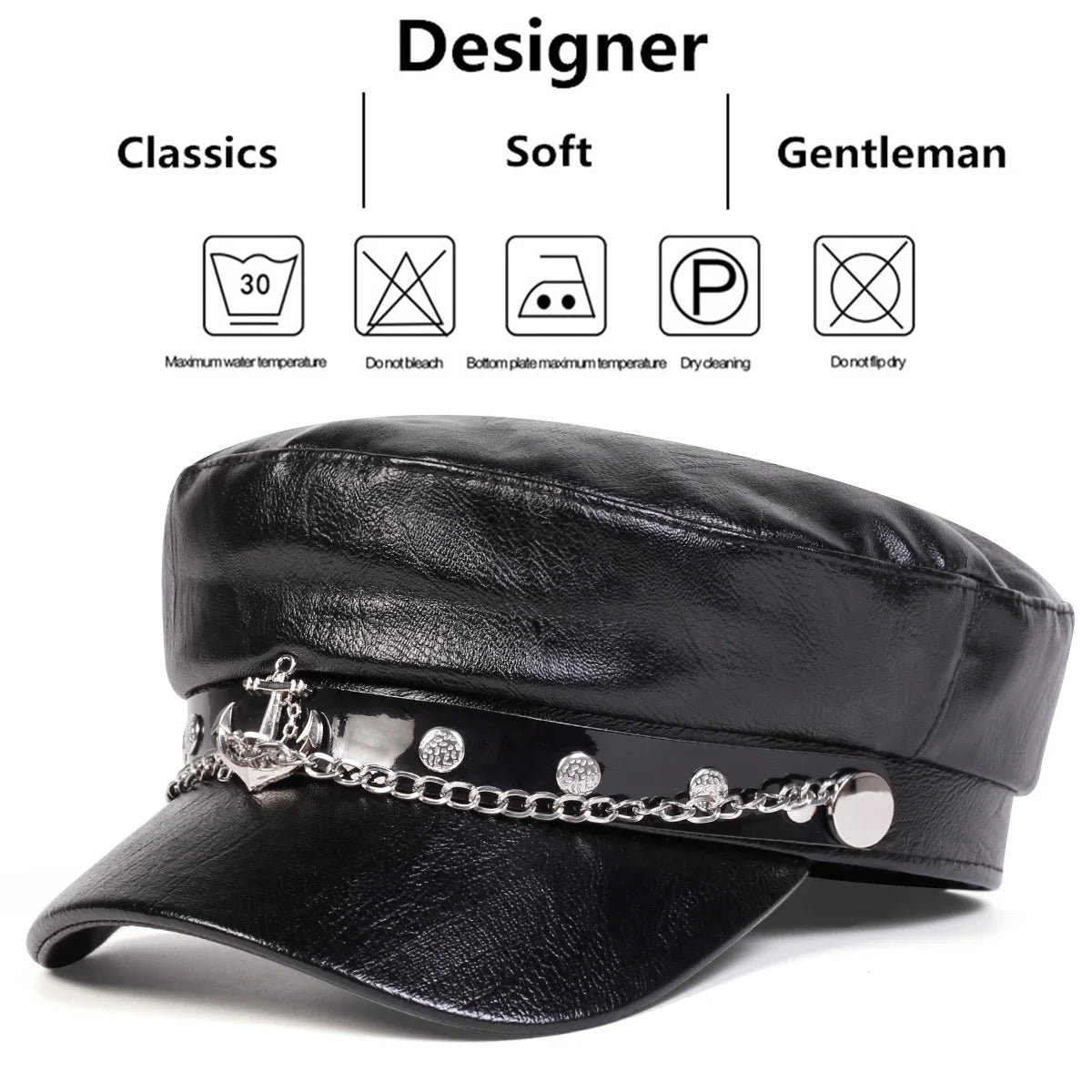 Boina Negra Cuero Unisex Capitán Militar Hebilla Ancla Primavera Otoño - Corporación Turística