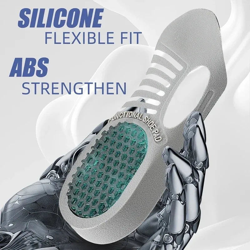 Pair of black orthopedic insoles for plantar fasciitis from Corporación Turística, designed to provide foot pain relief and support.