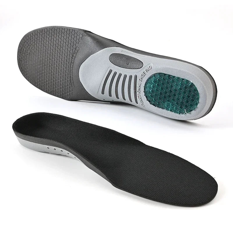 Pair of black orthopedic insoles for plantar fasciitis from Corporación Turística, designed for comfort and arch support.