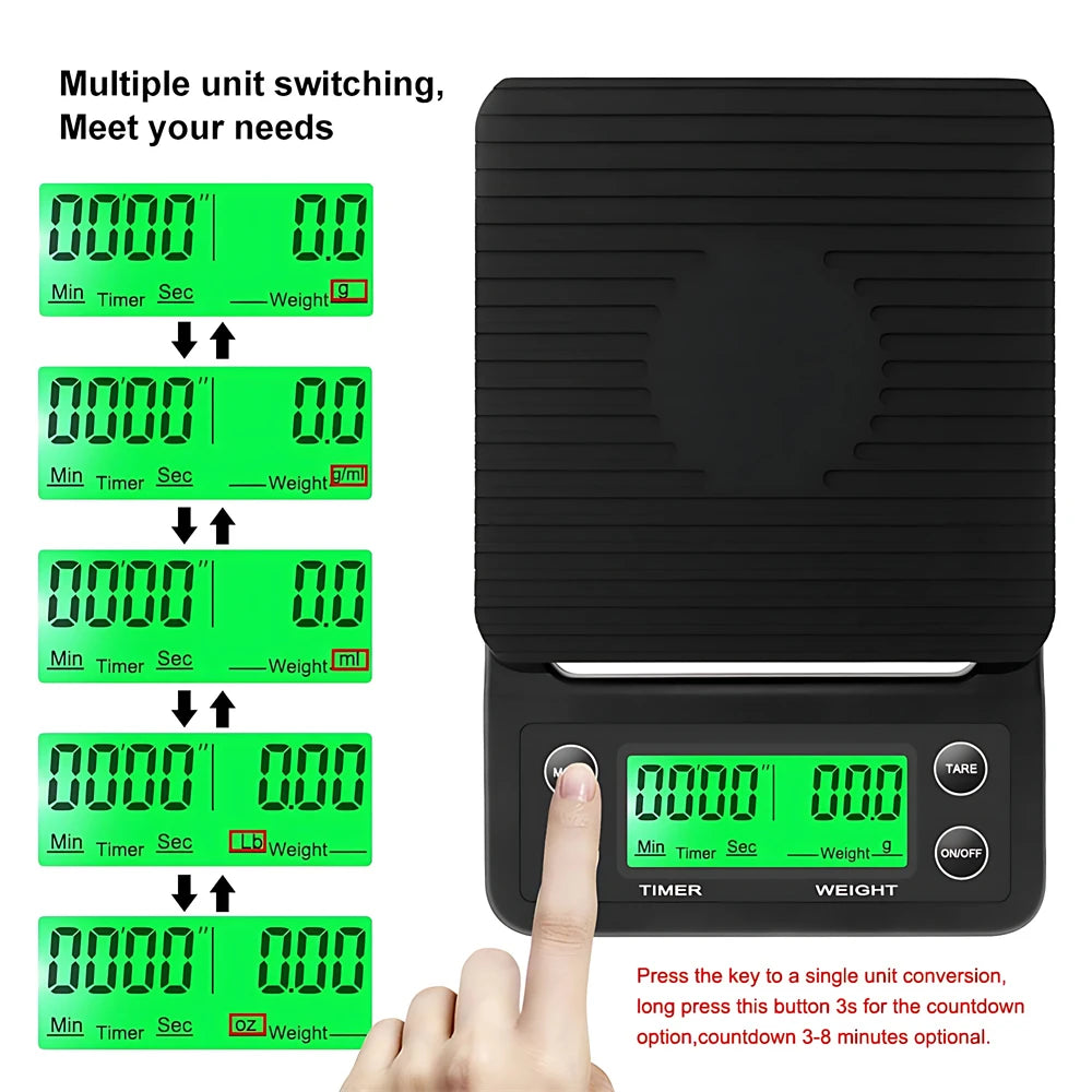Báscula de Cocina Digital 3kg/0.1g con Temporizador - Precisión para Café y Hogar - Corporación Turística