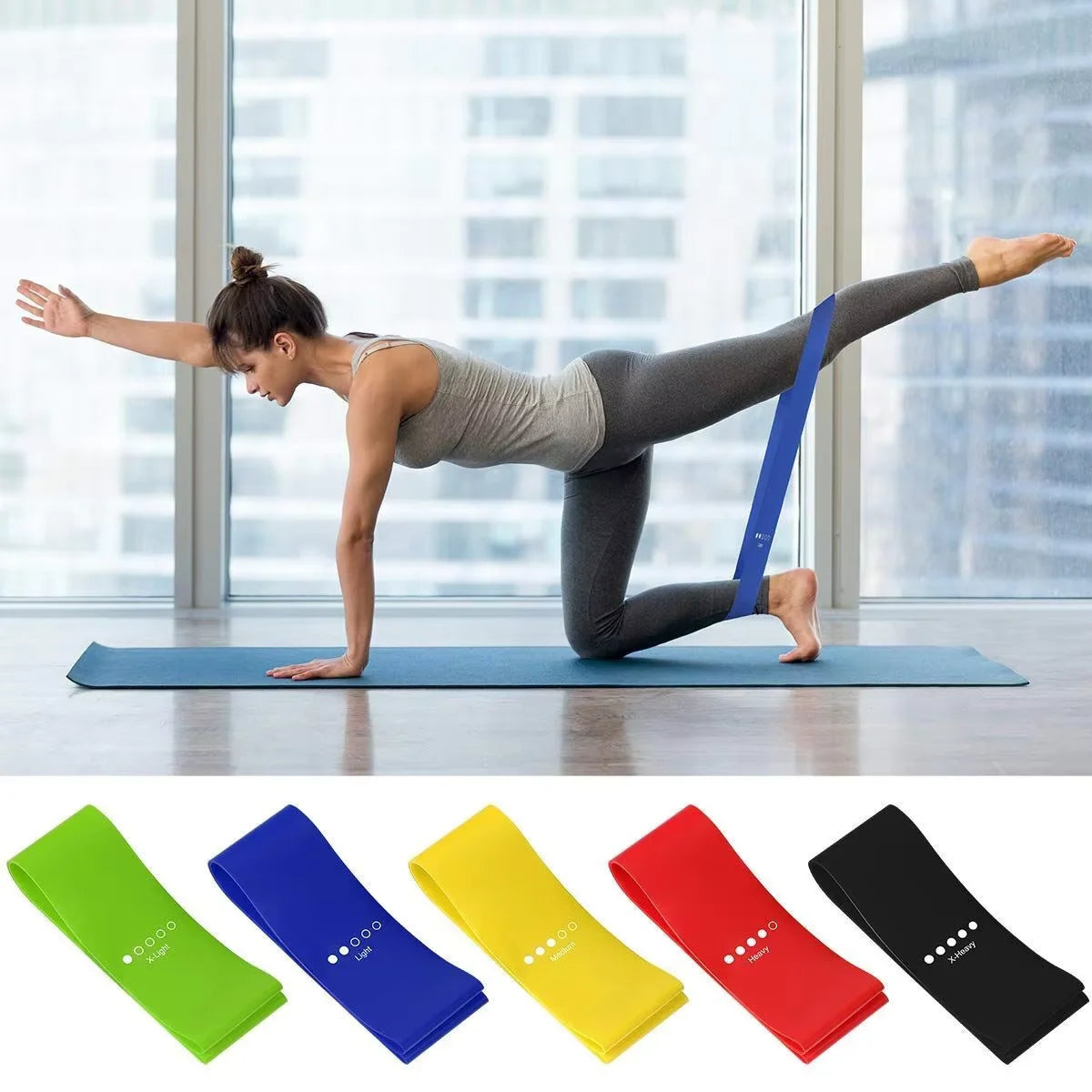 Set de bandas de resistencia de látex de Corporación Turística para yoga, piernas, glúteos y culturismo, en colores vibrantes.