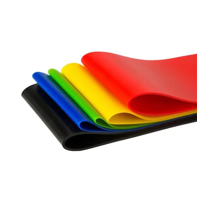 Latex resistance band set from Corporación Turística for yoga, legs, glutes, and bodybuilding exercises, shown on a white background.