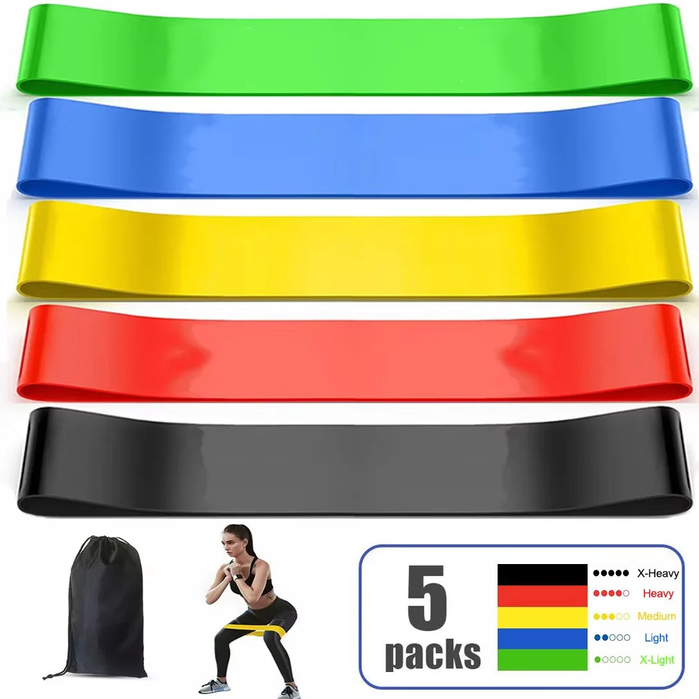Set of latex resistance bands for yoga, legs, glutes, and bodybuilding by Corporación Turística, shown in a fitness setting.