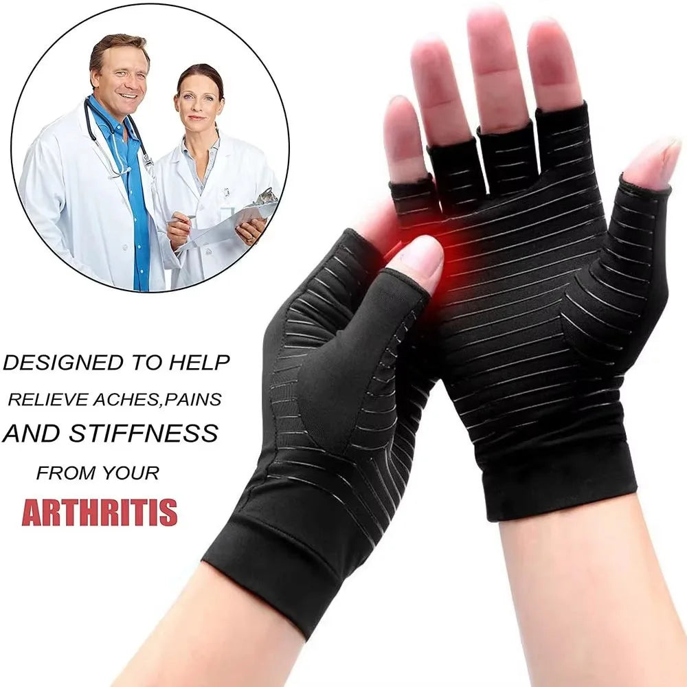 Pair of Corporación Turística copper arthritis gloves in light gray for pain relief and joint support.