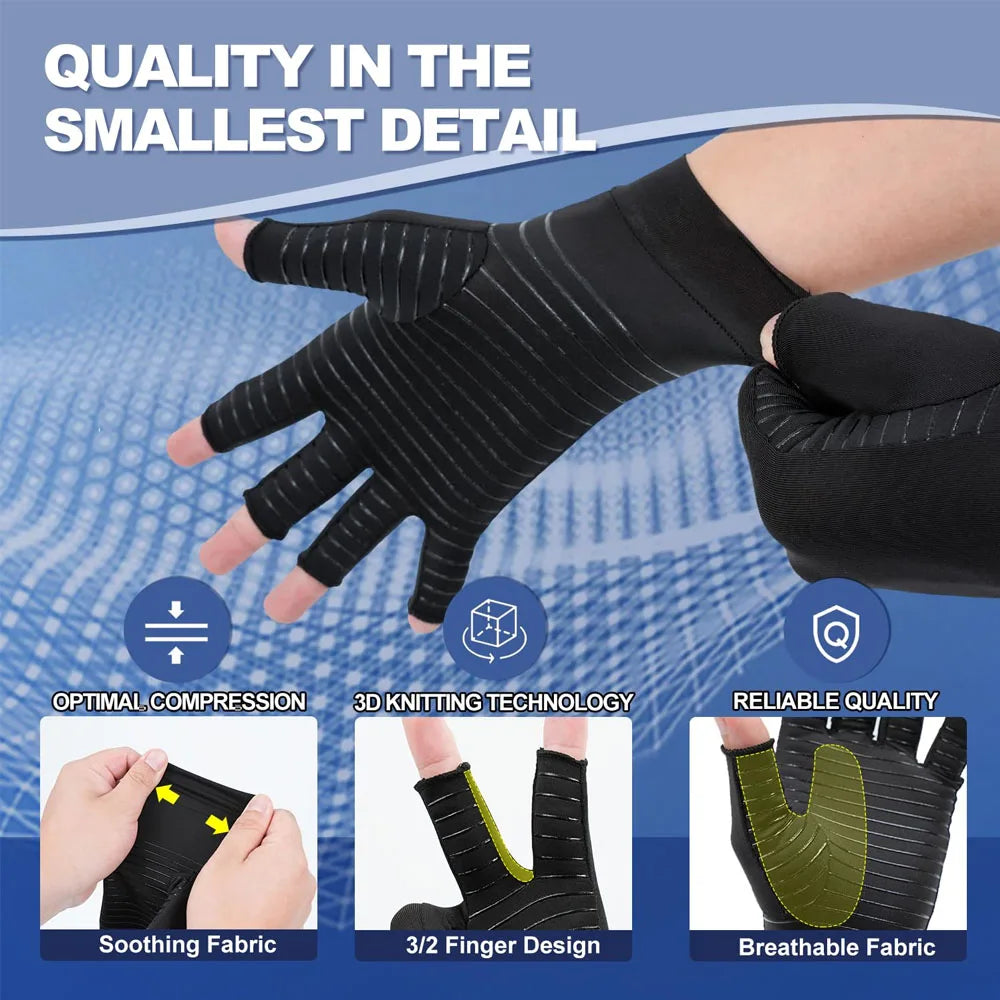 Gray copper arthritis gloves from Corporación Turística designed to reduce joint pain and improve hand comfort.
