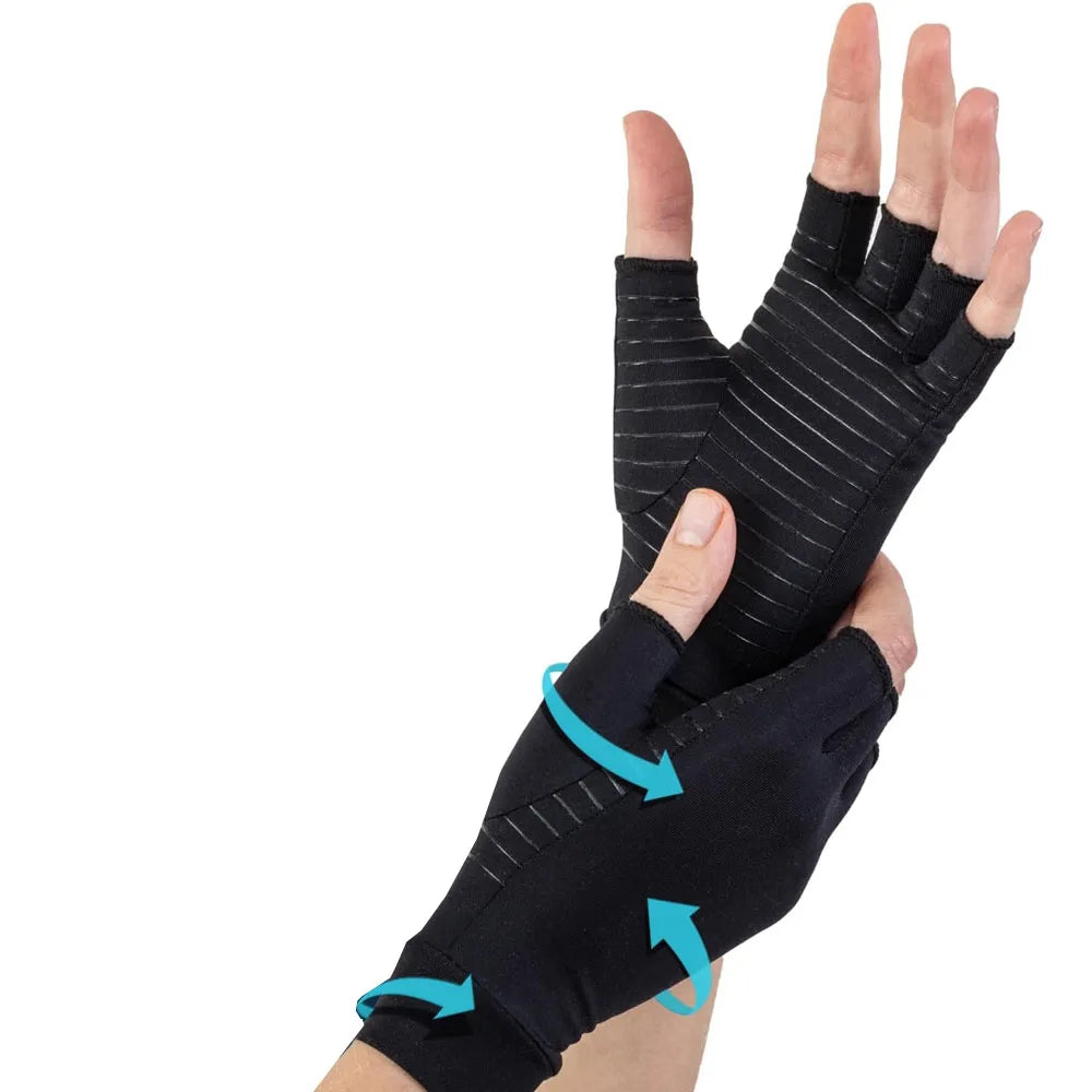 Pair of light gray copper arthritis gloves from Corporación Turística designed to help relieve joint pain.