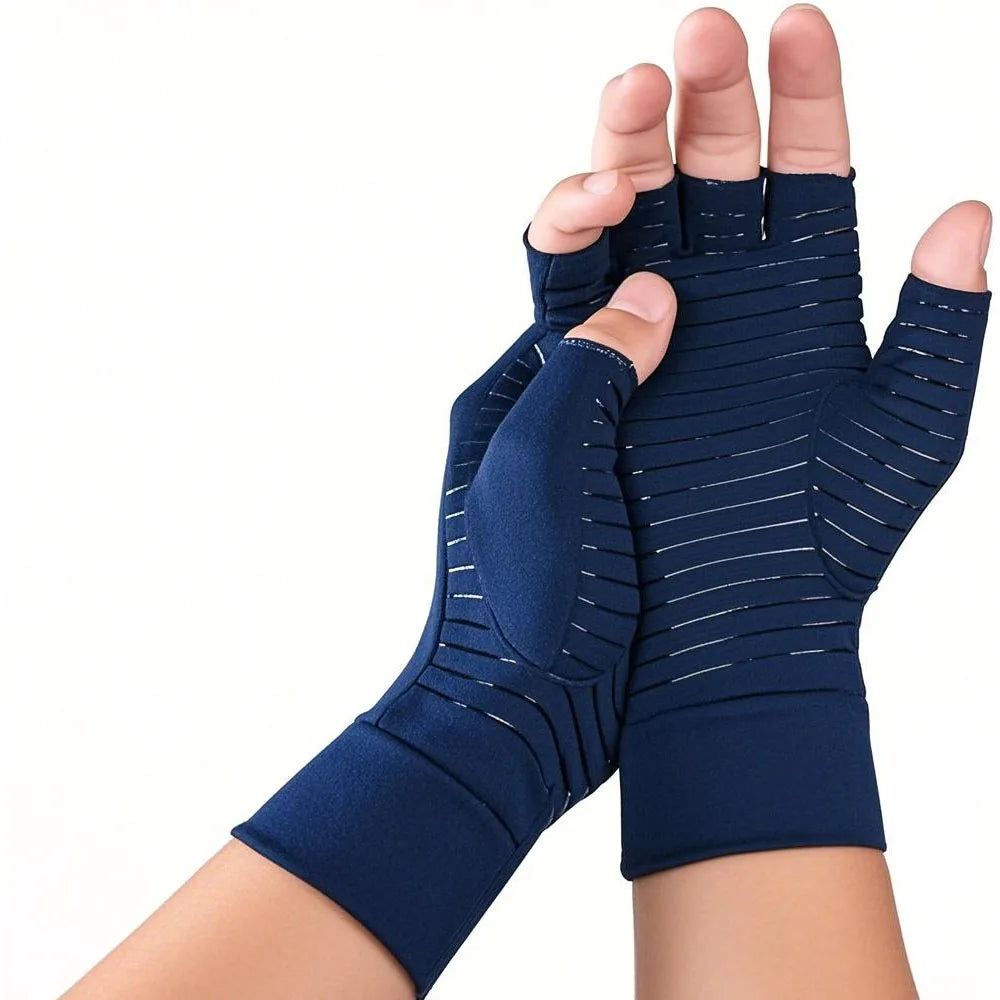 Pair of light gray copper arthritis gloves by Corporación Turística designed to help relieve hand pain and inflammation.