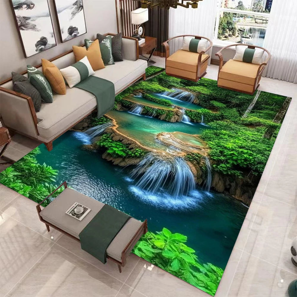 Alfombra 3D Santorini Montaña Nevada: Decoración Moderna para Sala de Estar