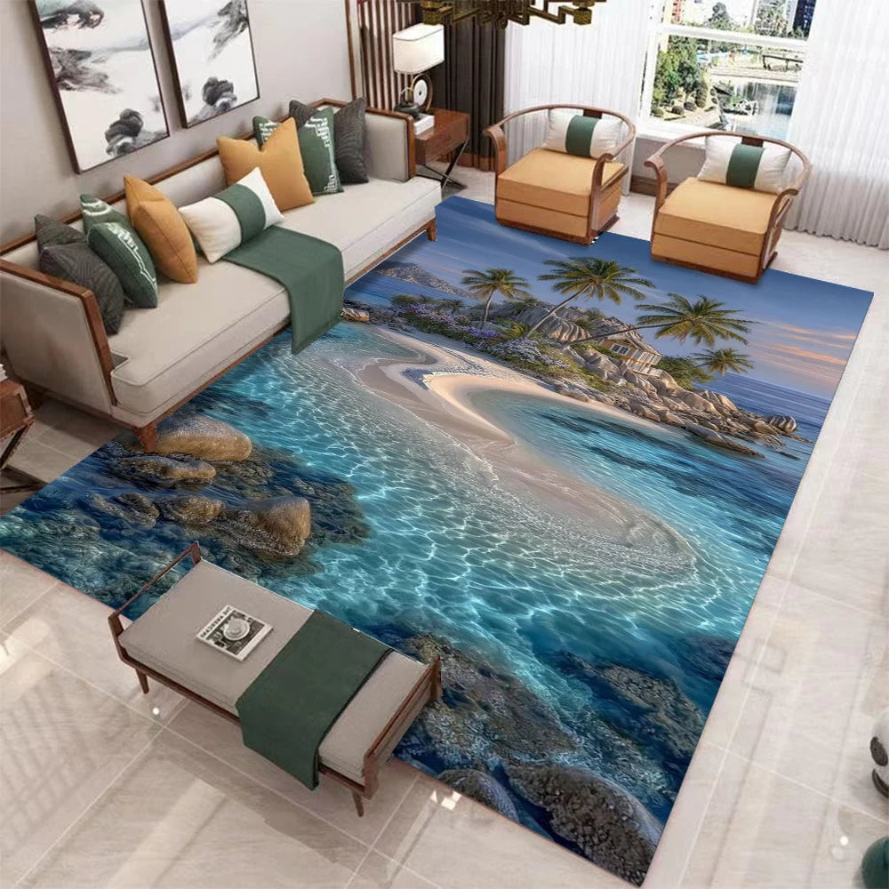 Alfombra 3D Santorini Montaña Nevada: Decoración Moderna para Sala de Estar