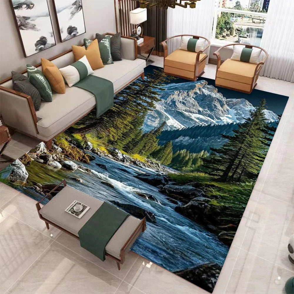 Alfombra 3D Santorini Montaña Nevada: Decoración Moderna para Sala de Estar