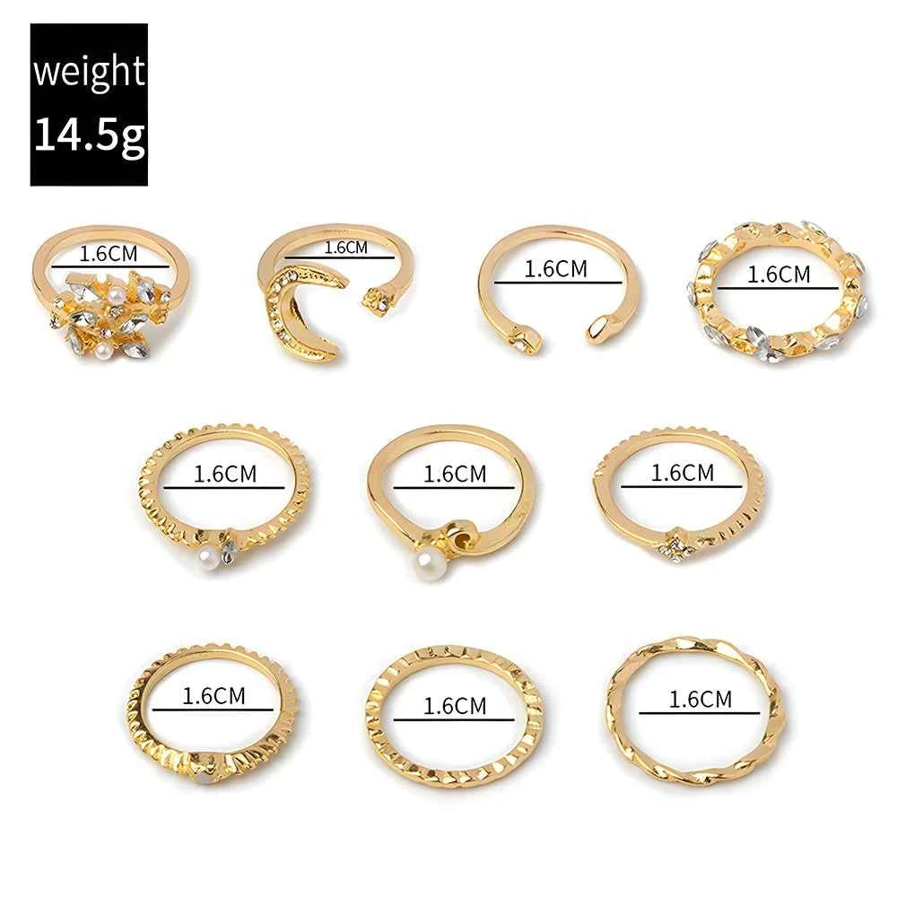 Conjunto 10 Anillos Mujer Boho Oro Cadena Luna Estrella