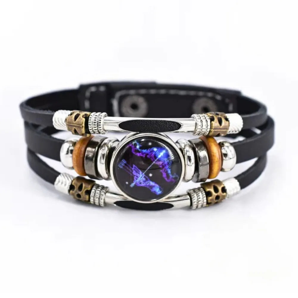 Pulsera Constelación Cuero Multicapa Retro Regalo Unisex 12 Signos