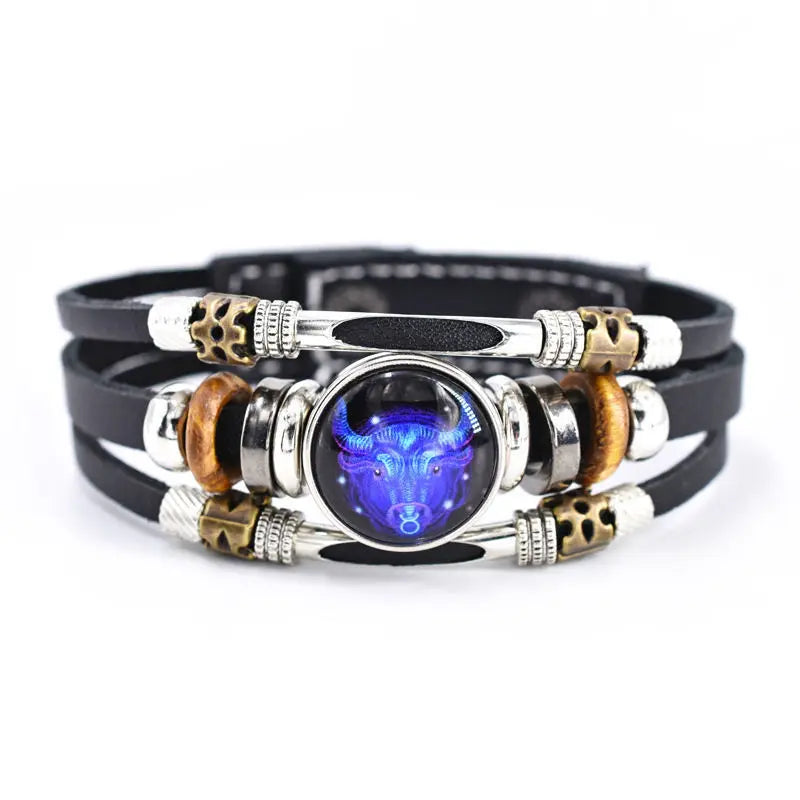 Pulsera Constelación Cuero Multicapa Retro Regalo Unisex 12 Signos
