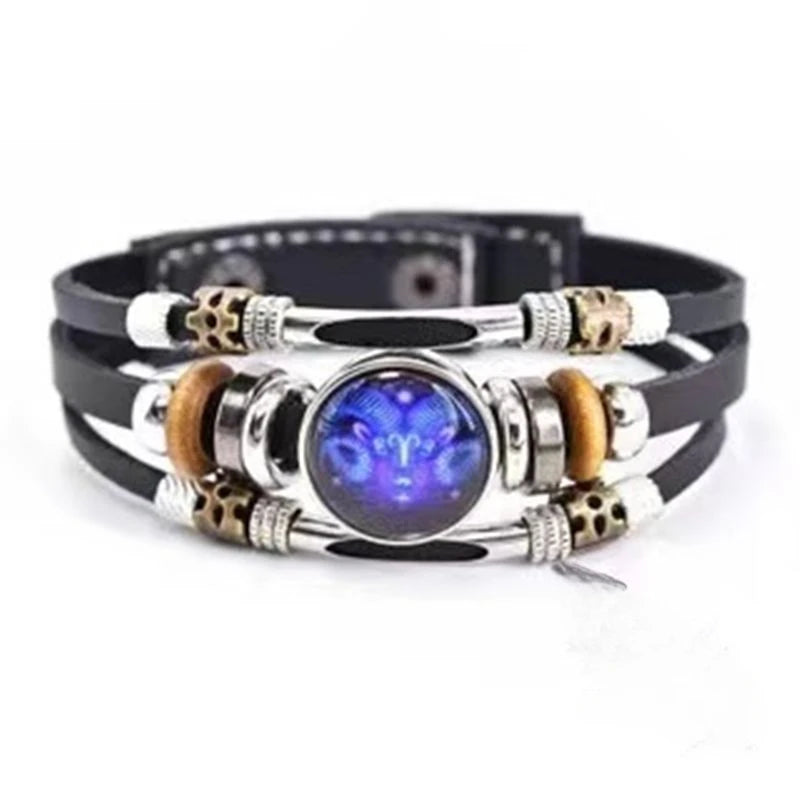 Pulsera Constelación Cuero Multicapa Retro Regalo Unisex 12 Signos