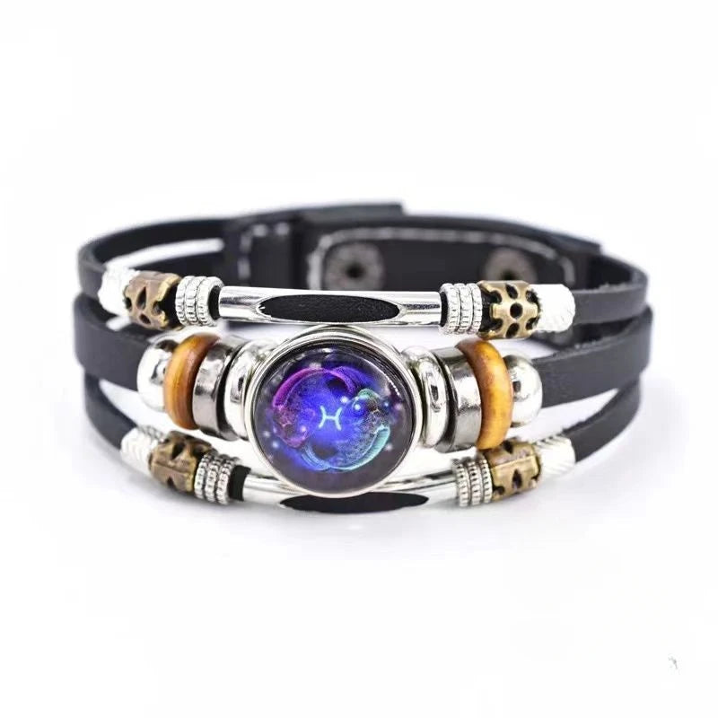 Pulsera Constelación Cuero Multicapa Retro Regalo Unisex 12 Signos