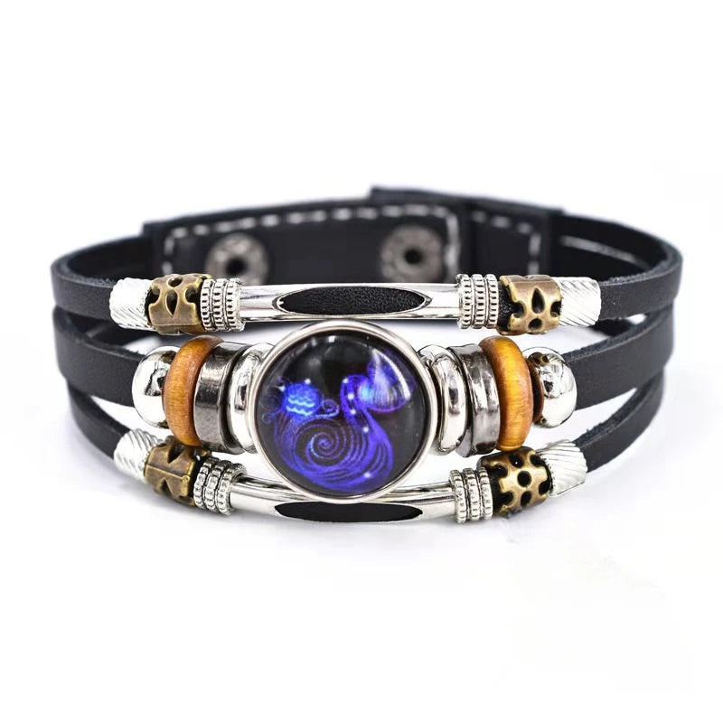 Pulsera Constelación Cuero Multicapa Retro Regalo Unisex 12 Signos