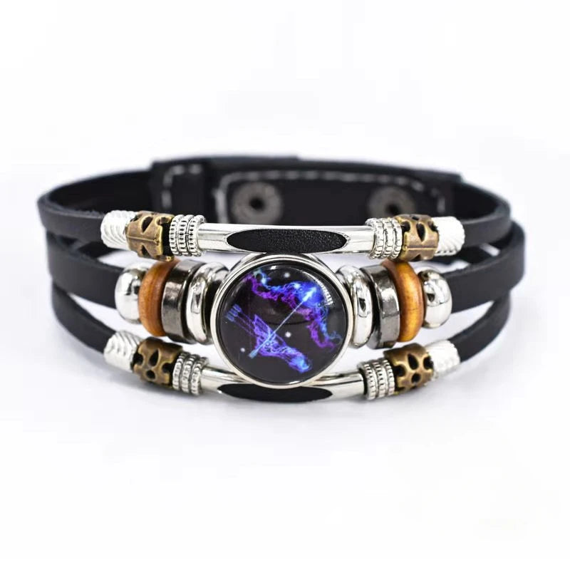 Pulsera Constelación Cuero Multicapa Retro Regalo Unisex 12 Signos