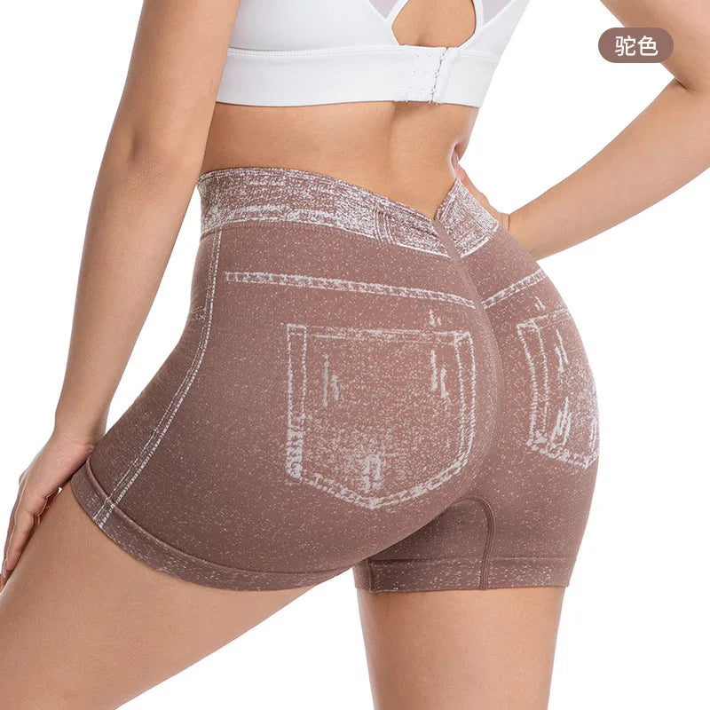 Shorts deportivos marrones efecto mezclilla para mujer