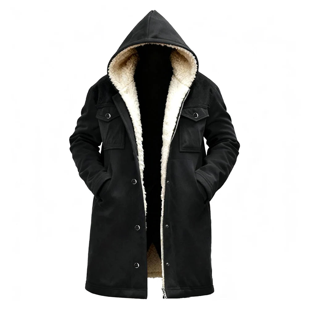Chaqueta Suede Fleece Hombre con Capucha Media Larga Cremallera