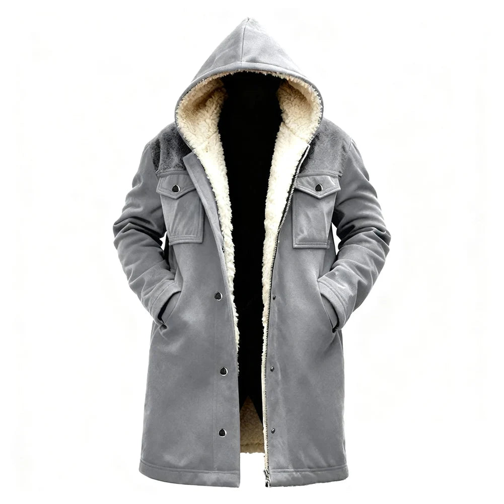 Chaqueta Suede Fleece Hombre con Capucha Media Larga Cremallera