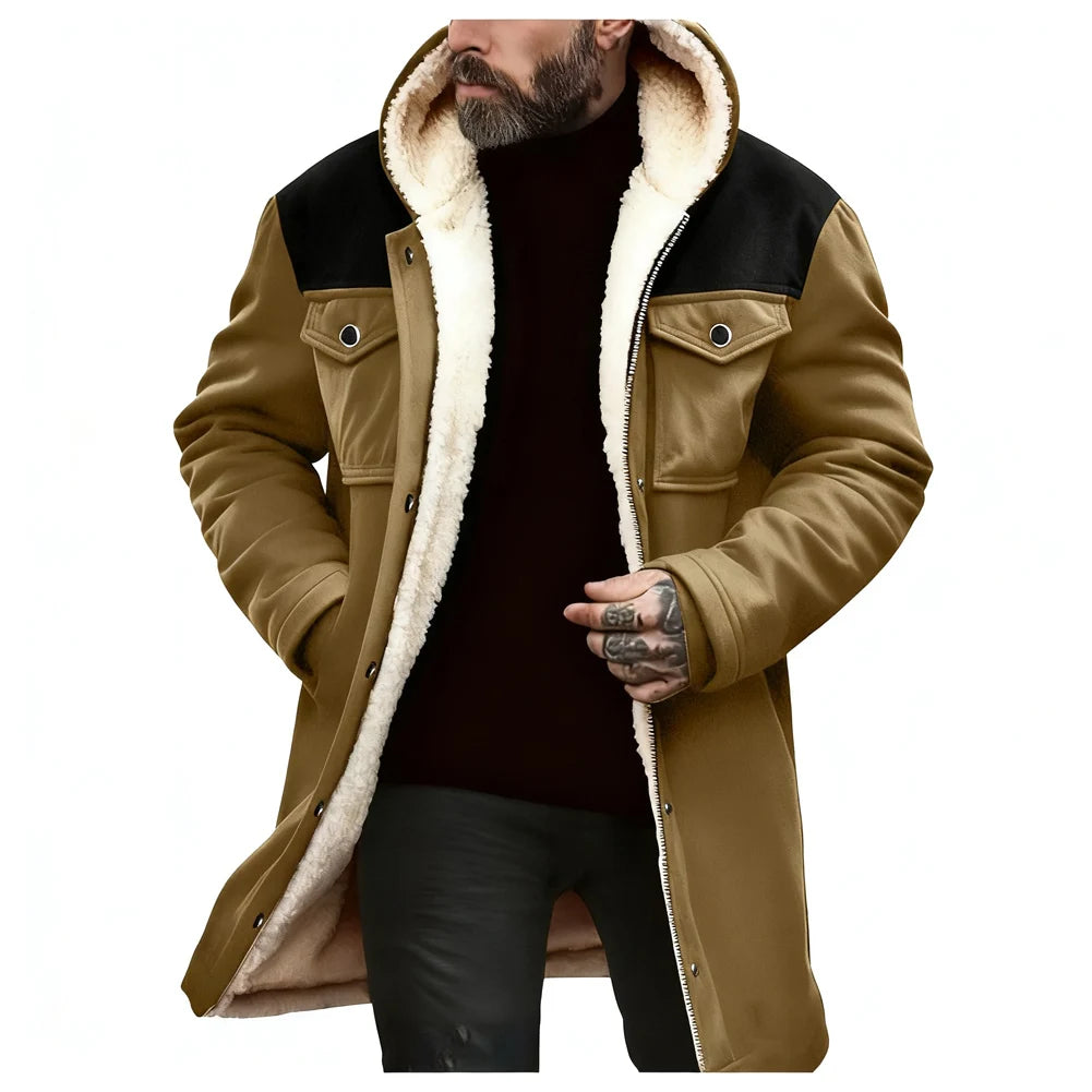 Chaqueta Suede Fleece Hombre con Capucha Media Larga Cremallera