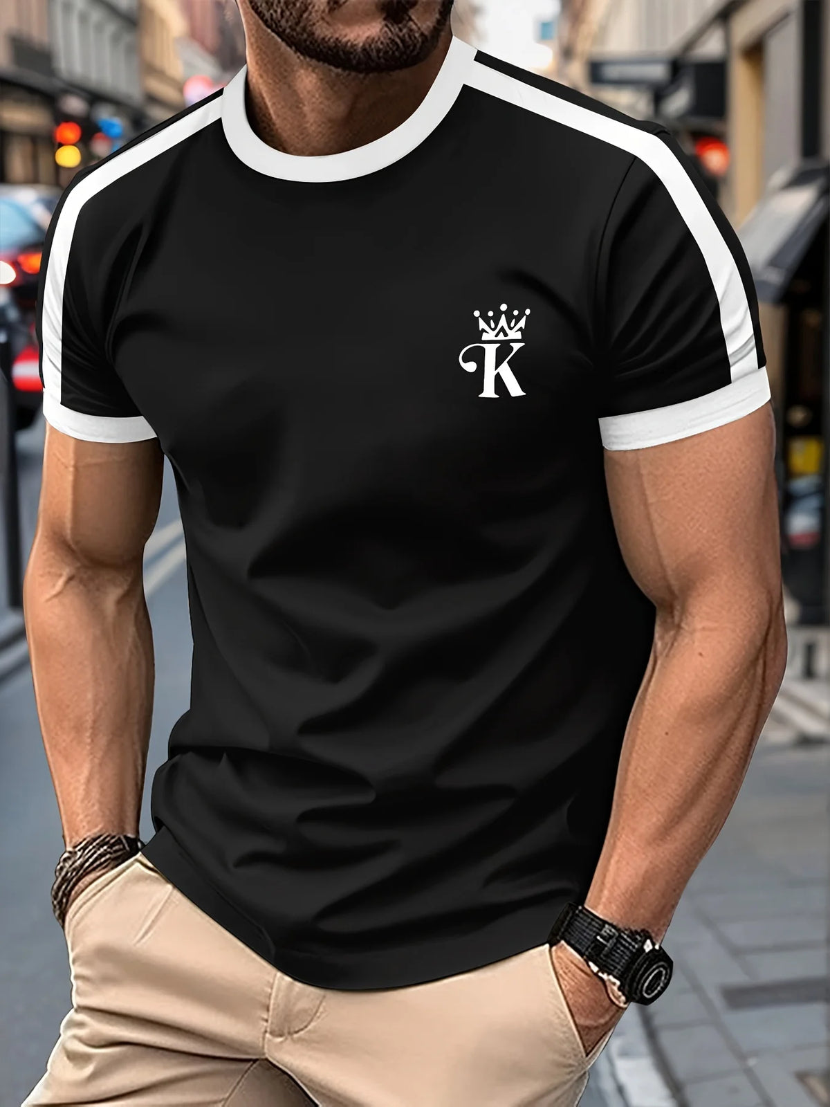 Camiseta Negra "King" Hombre: Estampado Dorado Informal