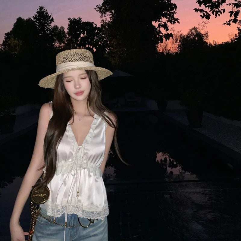 Camisola Satén Francés Volantes Sexy Cuello V Chic Coreano - Corporación Turística