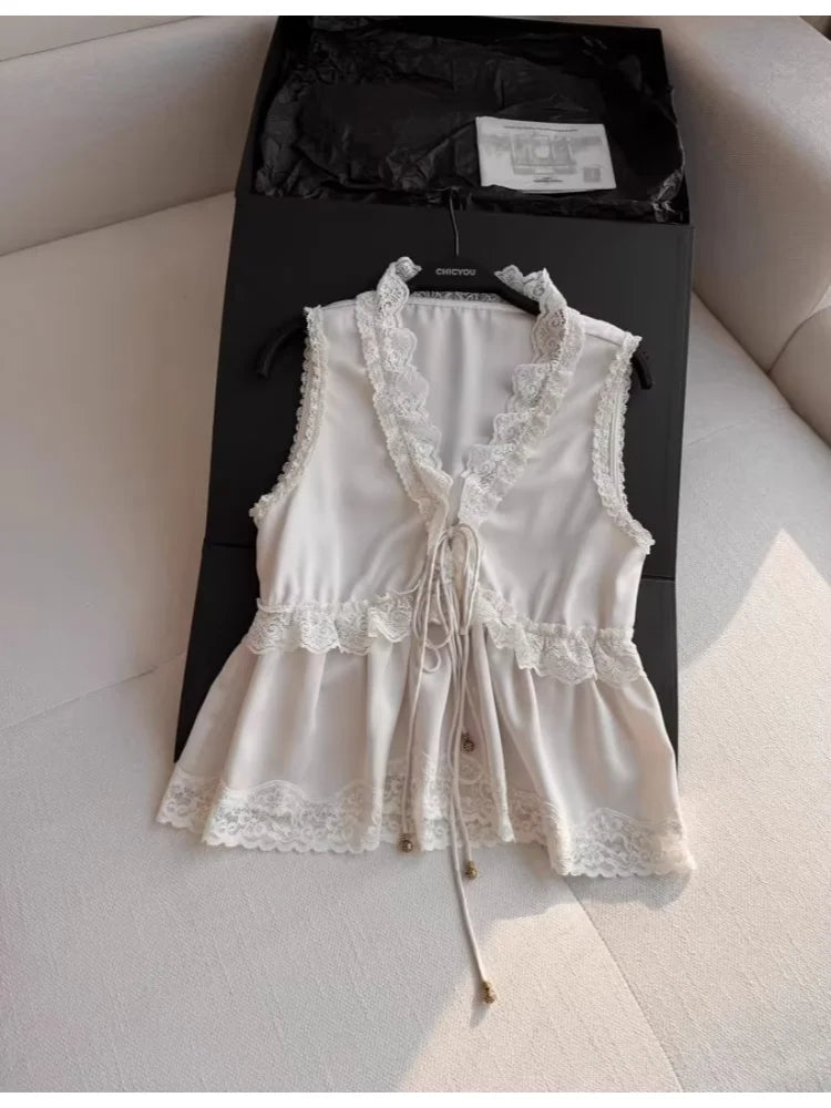 Camisola Satén Francés Volantes Sexy Cuello V Chic Coreano - Corporación Turística
