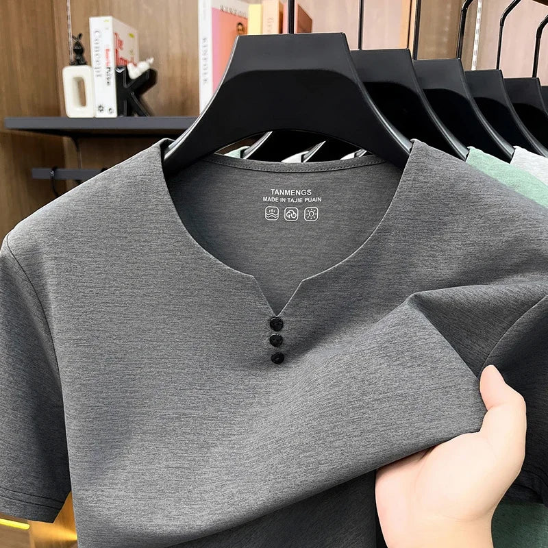 Camiseta Henley Hombre Verano Casual Manga Corta Transpirable Algodón - Corporación Turística