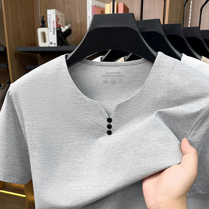 Camiseta Henley Hombre Verano Casual Manga Corta Transpirable Algodón - Corporación Turística